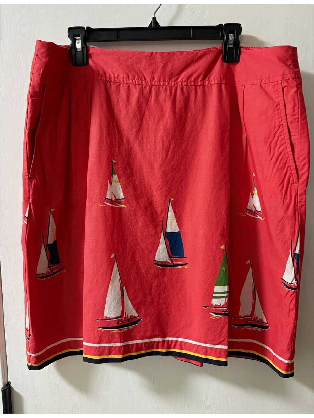 Lands' End Size 14P Petite Coral Sailboat Nautical A-Line Knee Twill Skirt